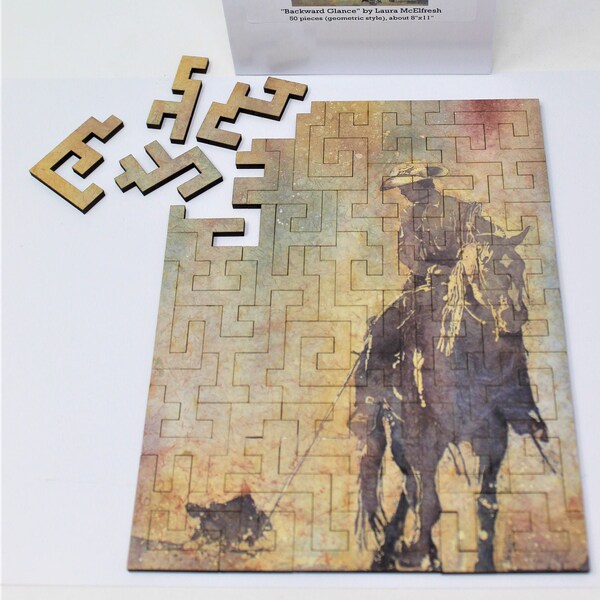 Cowboy Wooden Jigsaw Puzzle - Original Geometric Wood Laser Cut Design - Bewilderness - 50pc - "Backward Glance" by Laura McElfresh