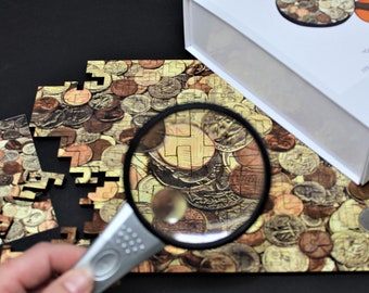 Coins Mystery Jigsaw Maze - 173 piece Wooden Puzzle Within a Puzzle for Grown Ups - Art by Steve Gordon -Original Geometric Laser Cut Design