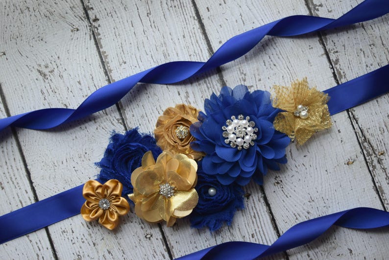gold royal navy Sash baby shower sash flower girl sash Flower Sash maternity sash flower Belt