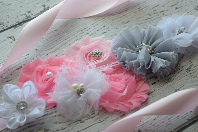 flower Belt wedding sash maternity sash belt maternity sash flower girl sash Grey pink white Sash