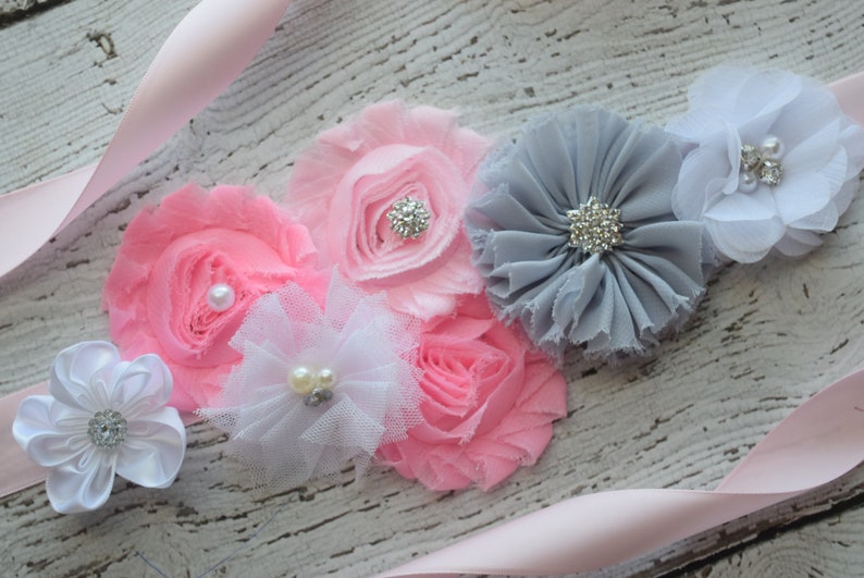 flower Belt wedding sash maternity sash belt maternity sash flower girl sash Grey pink white Sash