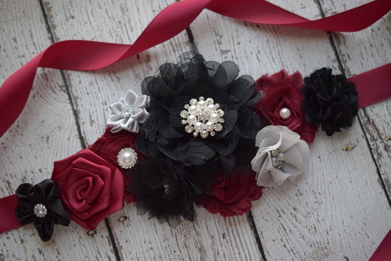 maternity sash Burgundy black grey sash flower girl sash wedding sash,flower Belt burgundy gray sash Flower belt Sash Maternity sash