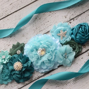 Maternity Sash, aqua beach Sash , flower girl sash, flower Belt, maternity sash belt, blue sash