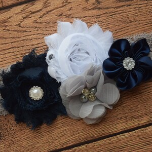 Grey white navy Shabby Flowers Baby Headband, Newborn Headband, Infant Headband,Baby Headband, Headband Baby