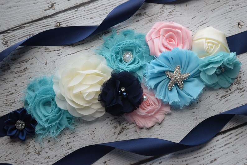 maternity sash Maternity sash belt,ivory blush teal blue navy sash Sash flower Belt baby shower gift sash
