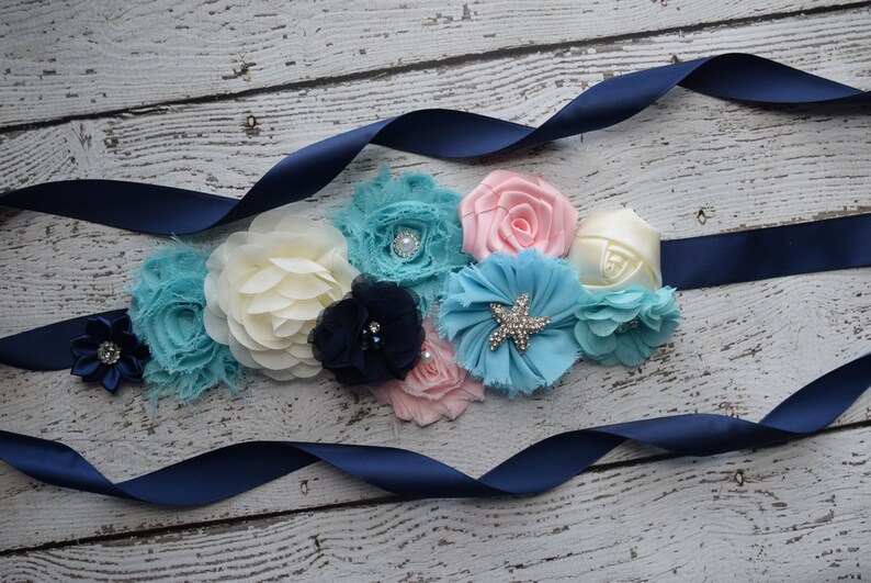 maternity sash Maternity sash belt,ivory blush teal blue navy sash Sash flower Belt baby shower gift sash