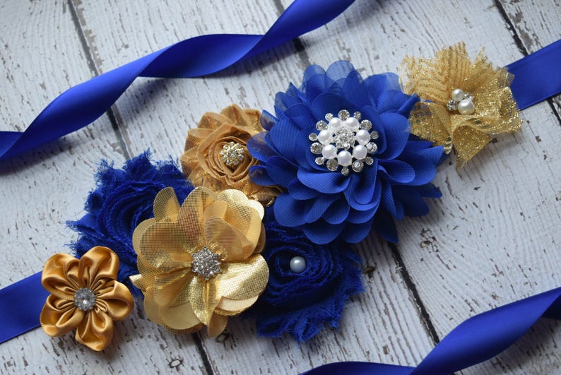 gold royal navy Sash baby shower sash flower girl sash Flower Sash maternity sash flower Belt