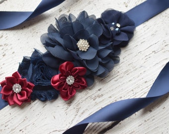 Maternity Sash navy coral sash wedding sash flower Belt Maternity Sash navy coral sash wedding sash flower Belt