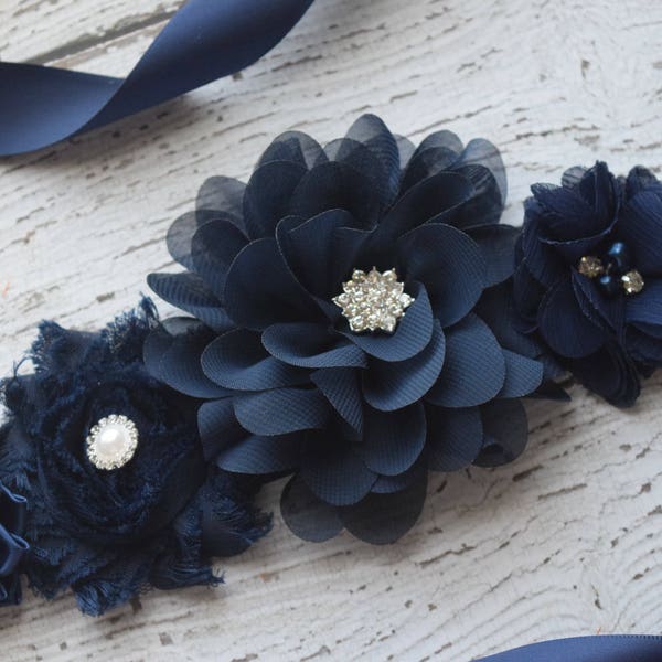 Flower Sash, navy Sash, flower Belt, maternity sash, wedding sash, maternity sash girl, flower girl sash, gray sash