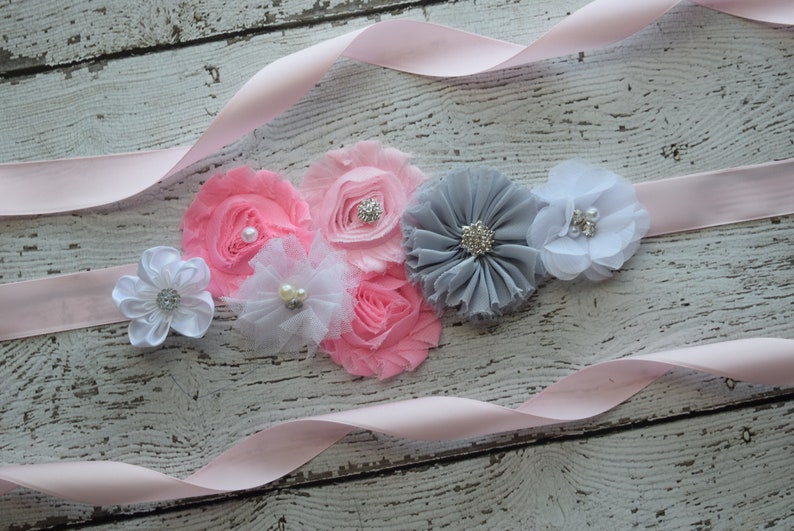 flower Belt wedding sash maternity sash belt maternity sash flower girl sash Grey pink white Sash