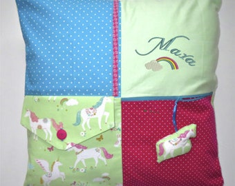 Patchwork/Kissen mit Name " Das Einhorn/Regenbogen"