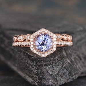 Rose Gold Sapphire Engagement Ring Set Hexagon Sapphire Bridal Set Halo Diamond Wedding Ring Half Eternity Cornflower Sapphire Bridal 2pc