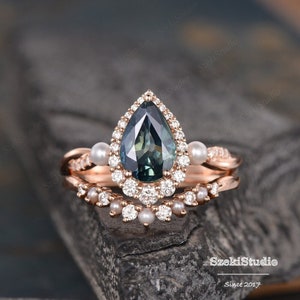 Green Sapphire Engagement Ring Set Rose Gold Bridal Set Pear Shaped Natural Teal Sapphire Wedding Ring Set Curved Pearl Diamond Band