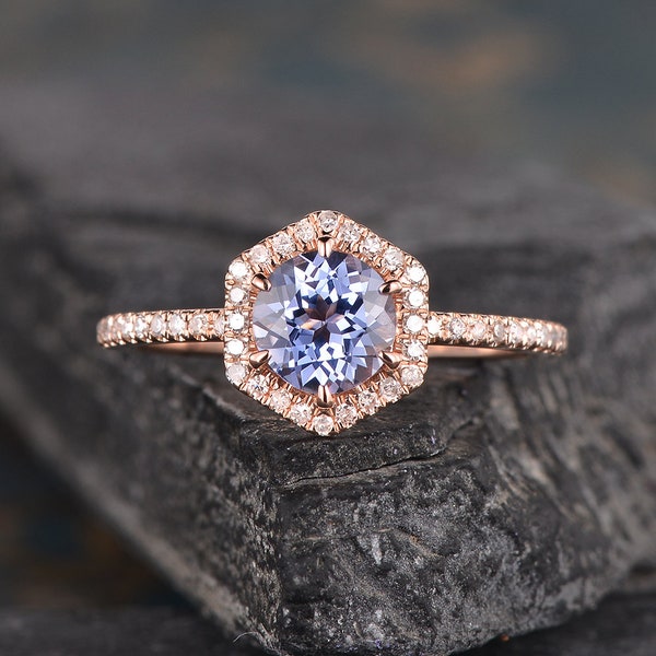 Hexagon Sapphire Engagement Ring Lavender Sapphire Ring Rose Gold Engagement Ring Round Cut Halo Diamond Bridal Wedding Birthstone Ring