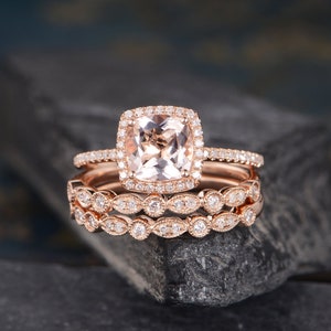 Art Deco Morganite Engagement Ring Set Rose Gold Bridal Set Halo Cushion Cut Ring Eternity Wedding Band Anniversary Gift For Women 3 pcs