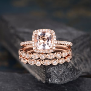 Art Deco Morganite Engagement Ring Set Rose Gold Bridal Set Halo Cushion Cut Ring Eternity Wedding Band Anniversary Gift For Women 3 pcs