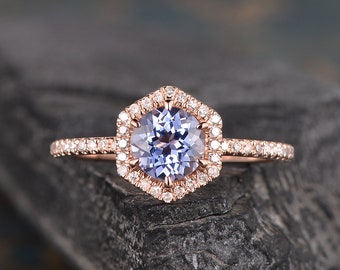 Hexagon Sapphire Engagement Ring Lavender Sapphire Ring Rose Gold Engagement Ring Round Cut Halo Diamond Bridal Wedding Birthstone Ring