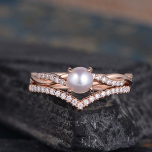 Curved Shaped Pearl Engagement Ring Rose Gold Infinity Diamond Band Solitaire June Birthstone Matching Band 2 Rings Set Women Bridal Set