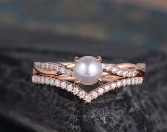 Curved Shaped Pearl Engagement Ring Rose Gold Infinity Diamond Band Solitaire June Birthstone Matching Band 2 Rings Set Women Bridal Set