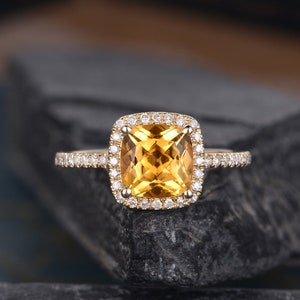 Citrine Engagement Ring Yellow Gold Cushion Cut Women Diamond Birthstone Halo Half Eternity Anniversary Gift Ring Promise Wedding Bridal