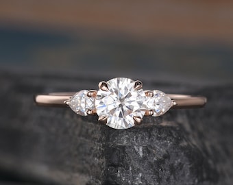 Moissanite Engagement Ring Rose Gold Pear Shaped Three Stone 3 Stone Promise Women Bridal Wedding Ring Anniversary Gift Eternity Ring
