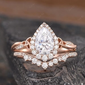 Unique Pear Shaped Moissanite Engagement Ring Set Rose Gold Celtic Knot Ring Twist Diamond Ring Halo Cluster Ring Infinity Anniversary Gifts
