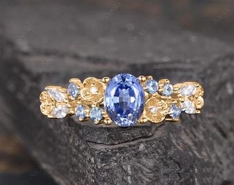 Vintage Oval Cut Cornflower Sapphire Floral Engagement Ring White Gold Cluster Flower Ring Natural Inspired Ring Bridal Gifts For Her