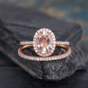 Morganite Engagement Ring Set Rose Gold Bridal Set 2pcs Halo Diamond Band Eternity Wedding Band Anniversary  Women Half Eternity Ring Set