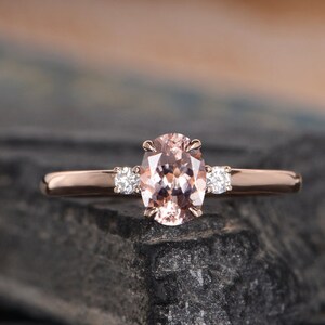 Oval Cut Morganite Engagement Ring Rose Gold Three Stone Diamond 5x7mm ...