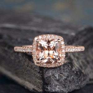 Morganite Engagement Ring Rose Gold Cushion Cut Ring Wedding  Bridal Diamond Half Eternity Anniversary Halo  Promise Ring Gift For Women