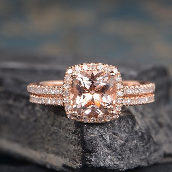 Morganite Engagement Ring Bridal Set Rose Gold Cushion Cut Ring Halo Diamond Eternity Wedding Band Anniversary Gift For Her Women 2Pcs
