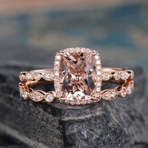 Cushion Cut Morganite Engagement Ring Rose Gold Open Wedding Bridal Set 7X9mm Art Deco Women Diamond Half Eternity Antique Anniversary Gift