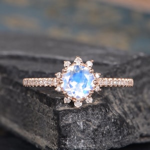 Moonstone Engagement Ring Rose Gold Engagement Ring Half Eternity Halo Diamond Ring Birthstone Bridal Wedding Anniversary Ring Woman Retro