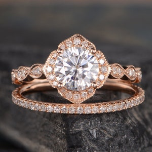 Rose Gold Bridal Set Moissanite Engagement Ring Set Floral Cushion Shaped Diamond Pave Antique Ring Promise Anniversary Gift Women 2pcs