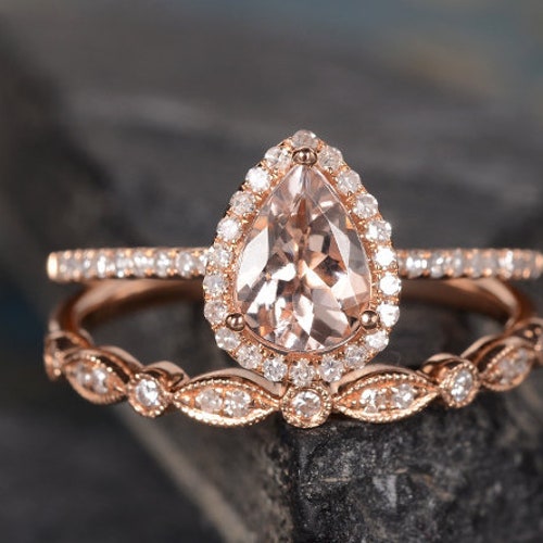 Rose Gold Morganite Engagement Ring Set Bridal Set Pear Shaped - Etsy