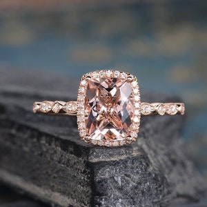 Rose Gold Morganite Engagement Ring Cushion Cut Diamond Halo Art Deco Band Bridal Wedding Ring Women Milgrain Anniversary Gift For Her