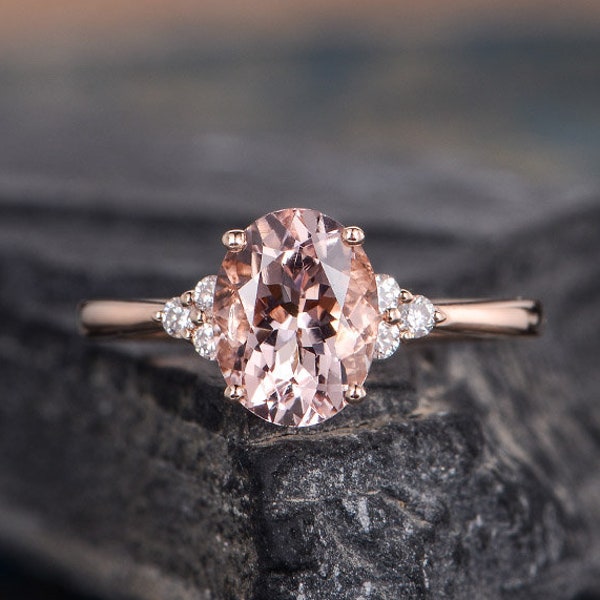 Oval Cut Morganite Engagement Ring Rose Gold Solitaire Cluster Diamond Women Bridal Anniversary Pave Handmade Ring Half Eternity