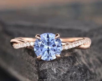 Lab Sapphire Engagement Ring Rose Gold September Birthstone Twist Solitaire Ring Diamond Infinity Half Eternity Bridal Women Anniversary