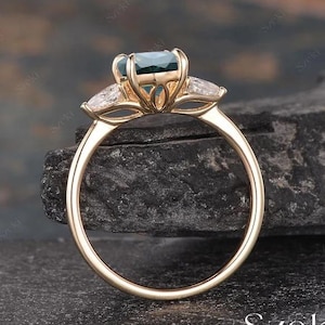 Natural Teal Sapphire Lotus Ring Yellow Gold Oval Sapphire Floral Engagement Ring Unique Three Stone Moissanite Ring Promise Rings For Her