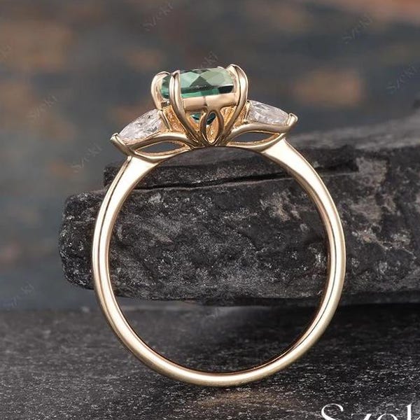 Vintage Oval Green Sapphire Engagement Ring Yellow Gold Three Stone Moissanite Ring Lotus Floral Ring Anniversary Handmade Gift For Her
