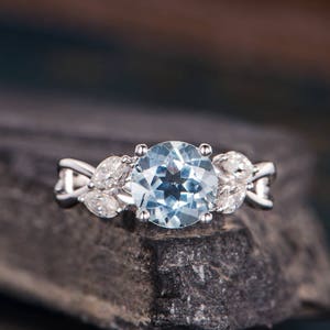 Aquamarine Engagement Ring White Gold Marquise Moissanite Leaf Vine Floral Ring Birthstone March Woman Anniversary Gift Bridal Infinity