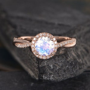 Moonstone Engagement Ring Rose Gold Diamond Halo Infinity Wedding Bridal Ring Promise Half Eternity Women Anniversary June Birthstone Twist