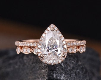 Birnenförmiger Moissanit Verlobungsring Rosegold Braut Set Halo Diamant Ehering Art Deco Träne Halbe Eternity Pear Frauenring 1.5ct