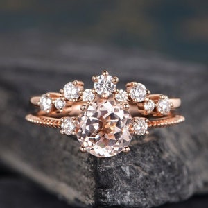 Morganite Engagement Ring Set Rose Gold Morganite Bridal Sets Three Stone Cluster Diamond Wedding Ring Half Eternity Anniversary Ring Gift