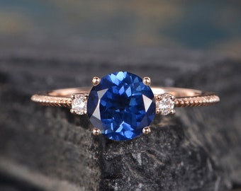 Solitaire Sapphire Engagement Ring Rose Gold Three Stone 3 Diamond Birthstone September Bridal Wedding Anniversary Gift For Women Milgrain