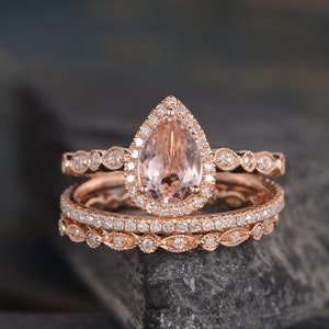 Art Deco Morganite Bridal Set 3pcs Pear Shaped Engagement Ring Rose Gold Pear Halo Diamond Wedding Half Eternity Band Women Anniversary Gift