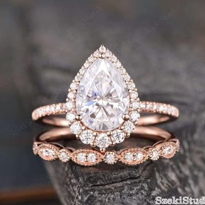 3.5ct Pear Shaped Moissanite Engagement Ring Rose Gold  Bridal Set Pear Moissanite Stacking Ring Set Tear Drop Halo Ring Art Deco 8x12mm