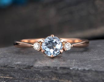 Aquamarine Engagement Ring Rose Gold 3 Stone Ring Diamond Thin Minimalist Birthstone March Promise Ring Anniversary Bridal Half Eternity