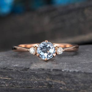 Aquamarine Engagement Ring Rose Gold 3 Stone Ring Diamond Thin Minimalist Birthstone March Promise Ring Anniversary Bridal Half Eternity image 1