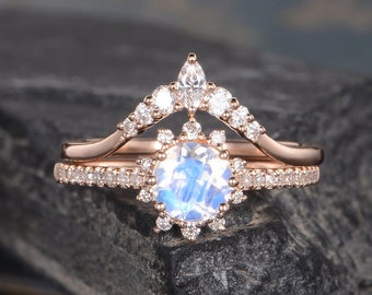 Moonstone Engagement Ring Rose Gold Bridal Sets Diamond Curved Wedding Ring Half Eternity Women Anniversary Halo Promise Chevron Marquise